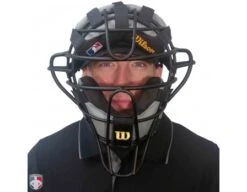 Wilson MLB Black Dyna-Lite Aluminum Umpire Mask With Black And Grey Wrap Around -Ump Attire Clothing Store A3009 AL BK GY Worn Front with Black Shirt