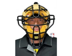 Wilson MLB Dyna-Lite Steel Umpire Mask With Tan 13 Wilson MLB Dyna-Lite Steel Umpire Mask With Tan -Ump Attire Clothing Store A3009X DS Wilson Dyna Lite Steel Umpire Mask with tan worn front