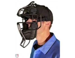 Diamond Matte Black Big League Aluminum Umpire Mask With Leather -Ump Attire Clothing Store DFM BL Diamond Big League Aluminum Umpire Mask with Leather Worn Front Angled View