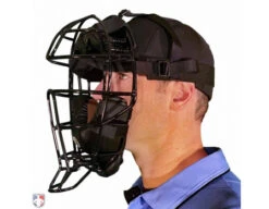 Force3 Defender Umpire Mask -Ump Attire Clothing Store F3 DEF BK BK Force3 Defender Umpire Mask with Black Worn Front Angled View