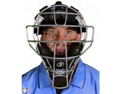 Force3 Silver Defender Umpire Mask With Black 13 Force3 Silver Defender Umpire Mask With Black -Ump Attire Clothing Store F3 DEF SV BK Force3 Silver Defender Umpire Mask with Black Worn Front View v3