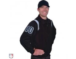 Smitty Traditional Half-Zip Umpire Jacket - Black And Powder Blue -Ump Attire Clothing Store S320 BK PB Smitty Traiditonal Half Zip Umpire Jacket Black with Polo Blue Front Angled View with Black on Light Blue on White Precision Cut Number