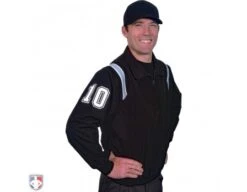 Smitty Traditional Half-Zip Umpire Jacket - Black And Powder Blue -Ump Attire Clothing Store S320 BK PB Smitty Traiditonal Half Zip Umpire Jacket Black with Polo Blue Front Angled View with White on Black on White Precision Cut Number