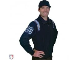 Smitty Traditional Half-Zip Umpire Jacket - Navy And Powder Blue -Ump Attire Clothing Store S320 N PB Smitty Traditional Half Zip Umpire Jacket Navy with Powder Blue Front Angled View with Navy on Powder Blue on White Precision Cut Numbers 1