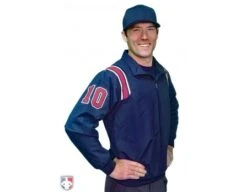 Smitty Traditional Half-Zip Umpire Jacket - Navy And Red -Ump Attire Clothing Store S320 N R Smitty Traditional Half Zip Umpire Jacket Navy with Red and White Worn Front Angled View with Numbers