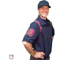Smitty Traditional Half-Zip Short Sleeve Umpire Jacket - Navy And Red -Ump Attire Clothing Store S324 N R W Smitty Traditonal Half Zip Short Sleeve Umpire Jacket Navy and Red Worn Front Angled View with N4 SUB RNW