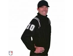 Smitty Major League Style Fleece Lined Umpire Jacket - Black And White 7 Smitty Major League Style Fleece Lined Umpire Jacket - Black And White -Ump Attire Clothing Store S330 BK WH Smitty Major League Style Fleece Lined Umpire Jacket Black and White Front Angled View with White on Black on White Precision Cut Number