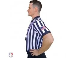 Smitty 1" Stripe Body Flex V-Neck Referee Shirt With USA Flag 10 Smitty 1" Stripe Body Flex V-Neck Referee Shirt With USA Flag -Ump Attire Clothing Store USA200 FLEX Worn Side with Flag