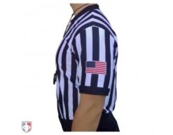 Smitty 1" Stripe Body Flex V-Neck Referee Shirt With USA Flag 11 Smitty 1" Stripe Body Flex V-Neck Referee Shirt With USA Flag -Ump Attire Clothing Store USA200 FLEX Worn Side with Flag Closeup