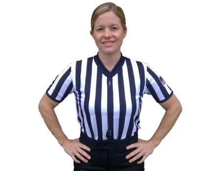 Smitty Women's 1" Stripe Body Flex V-Neck Referee Shirt With USA Flag 3 Smitty Women's 1" Stripe Body Flex V-Neck Referee Shirt With USA Flag